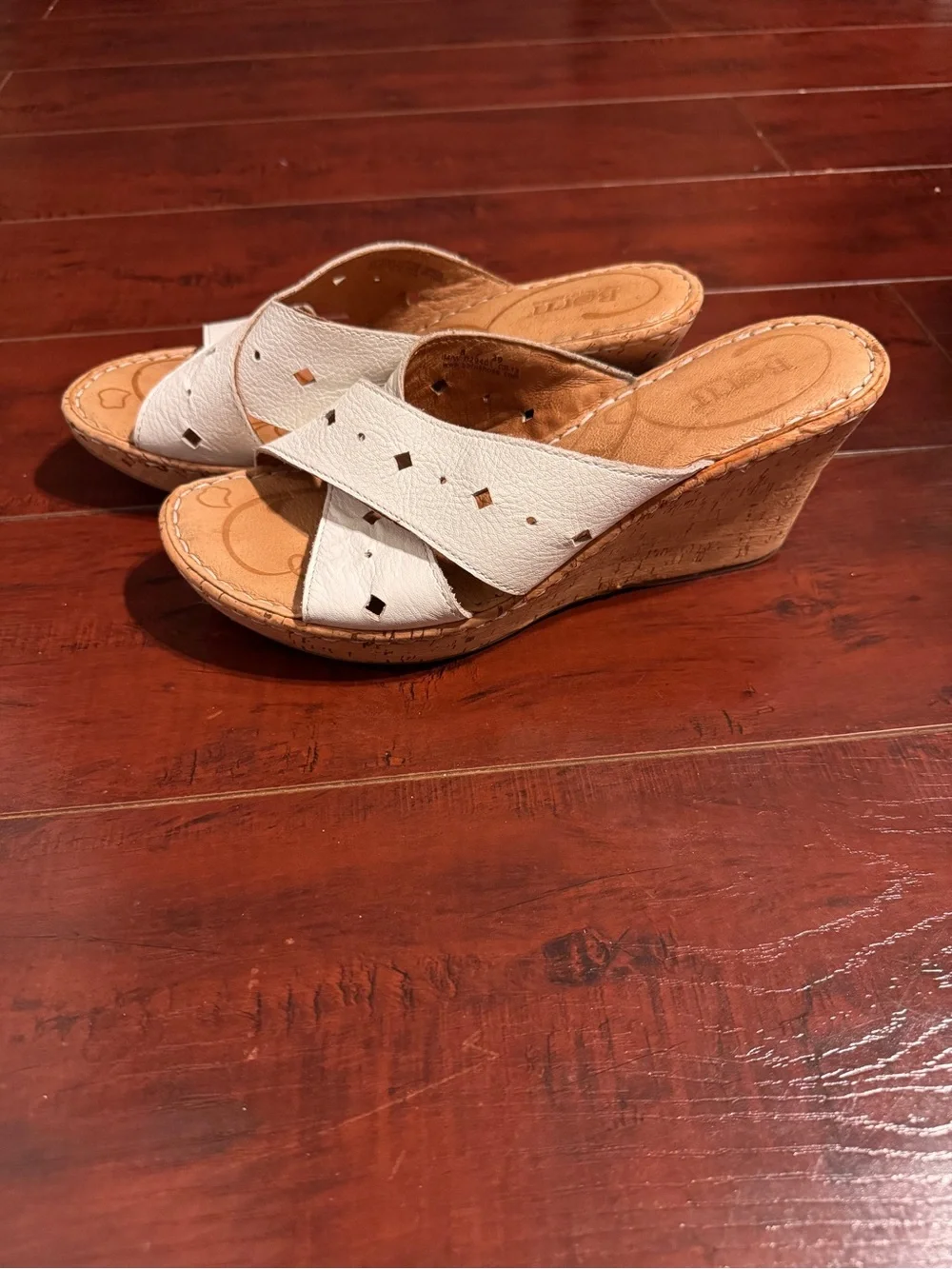 Born White Leather Cork Wedge Slide Sandals
